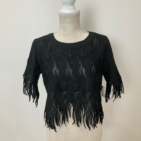 Gracia Tops - GRACIA Black Fringe Short Sleeve Crop Top M